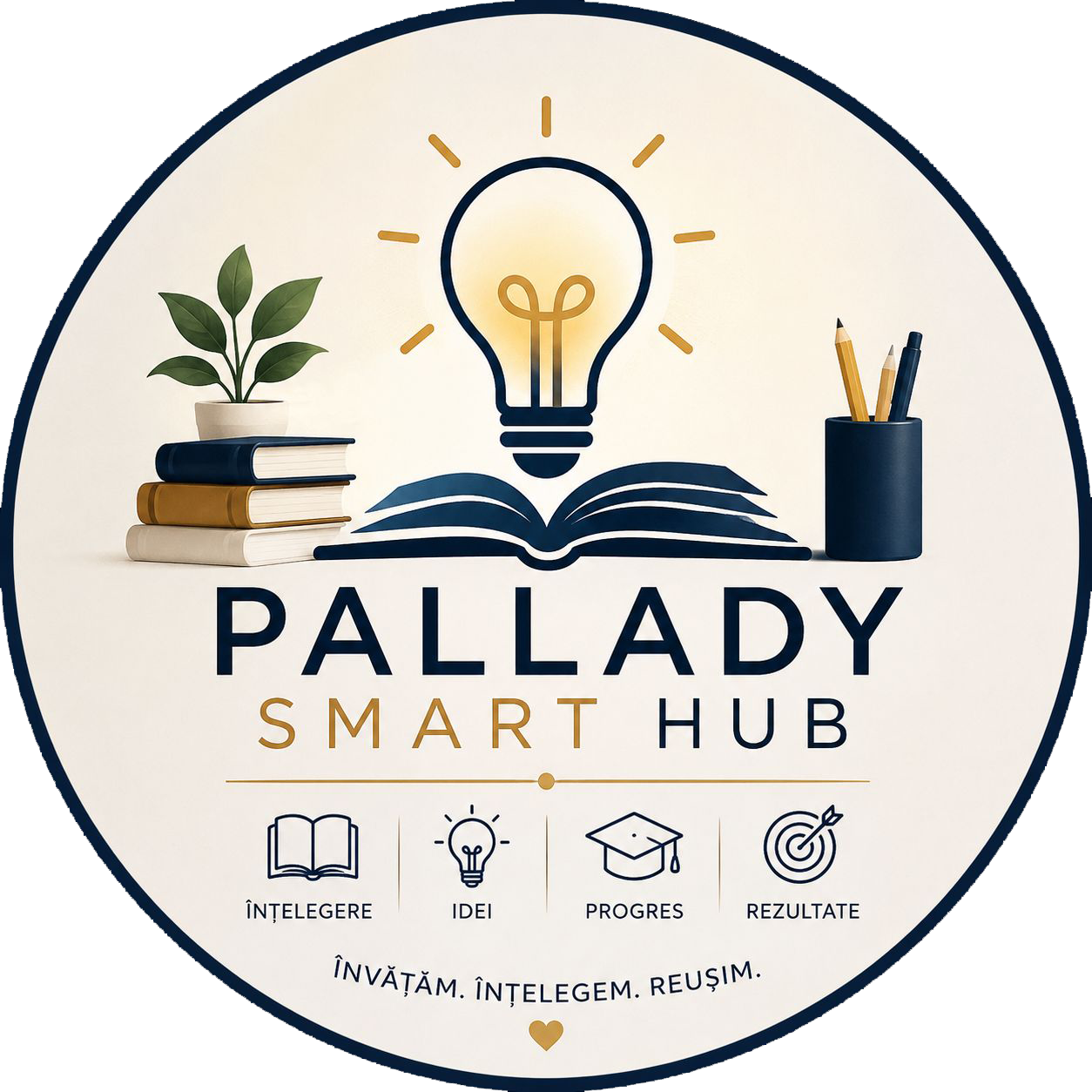 Logo Pallady Smart Hub — bec luminos peste o carte deschisă, cu mottoul Învățăm. Înțelegem. Reușim.